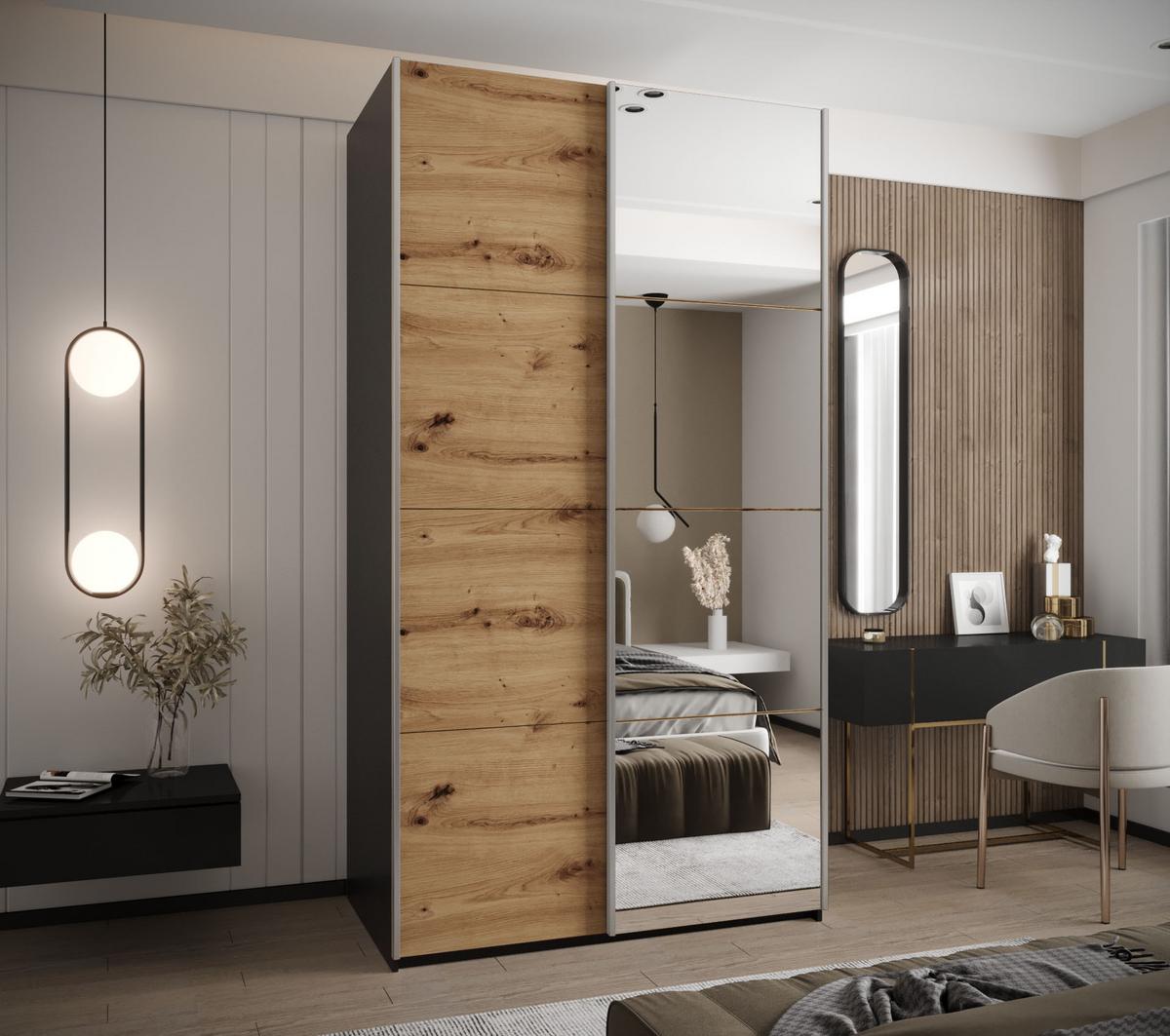 SCHWEBETÜRENSCHRANK 245,5/130/64 2-türig - Silberfarben/Schwarz, Holz/Metall (130/245/64cm) - Abiks Möbel
