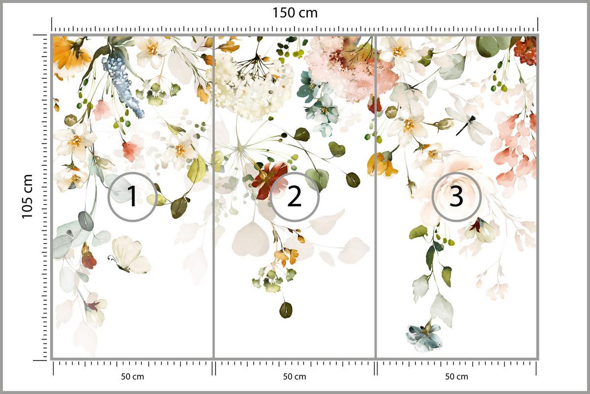 FOTOTAPETE für Schlafzimmer Bunte Zarte Blumen Blätter Pastell 150x105 - Ecru/Beige, Papier (150/105cm) - Muralo