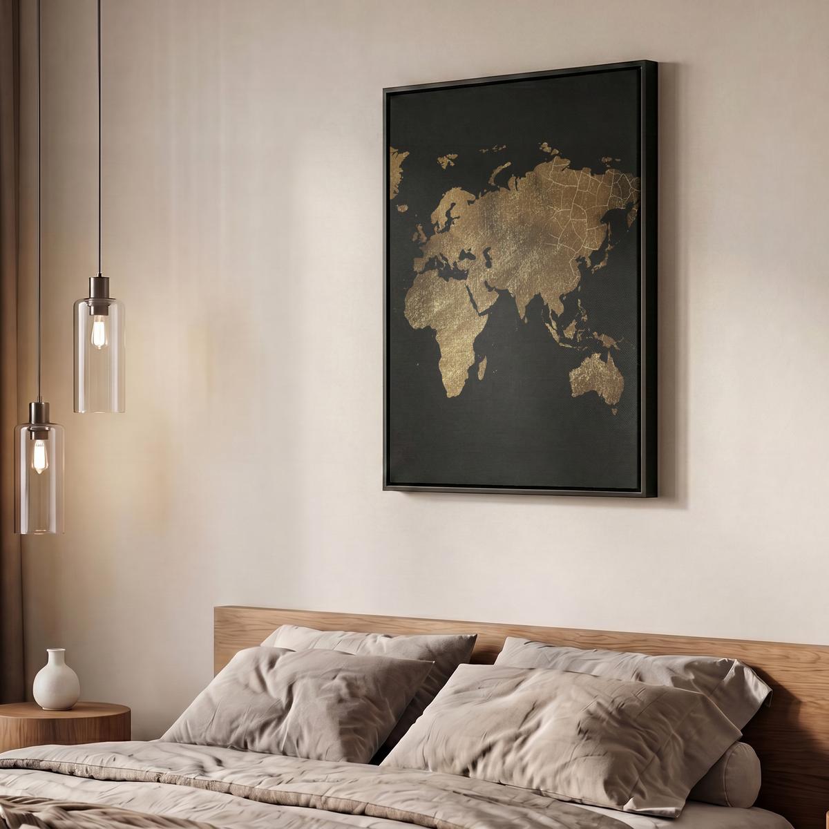 LEINWAND Bilder mit Rahmen - Weltkarte - Gold - Luxus - Erde - Schwarz - 60x80 - Goldfarben, Textil (60/80cm) - MuchoWow
