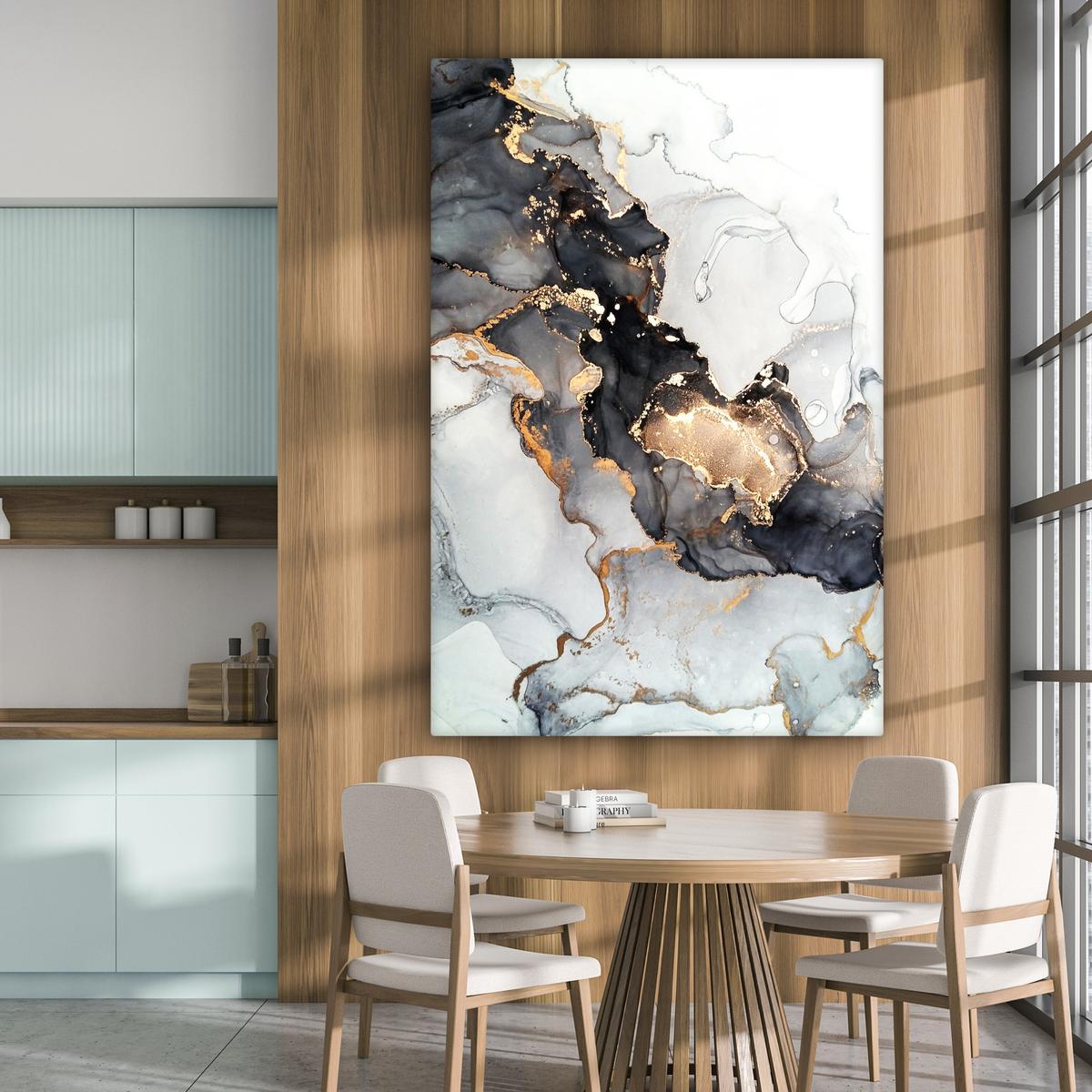 LEINWANDBILD Marmor - Schwarz - Weiß - Gold - Luxus - Abstrakt Deko Groß 90x140 cm - Goldfarben, Textil (90/140cm) - MuchoWow