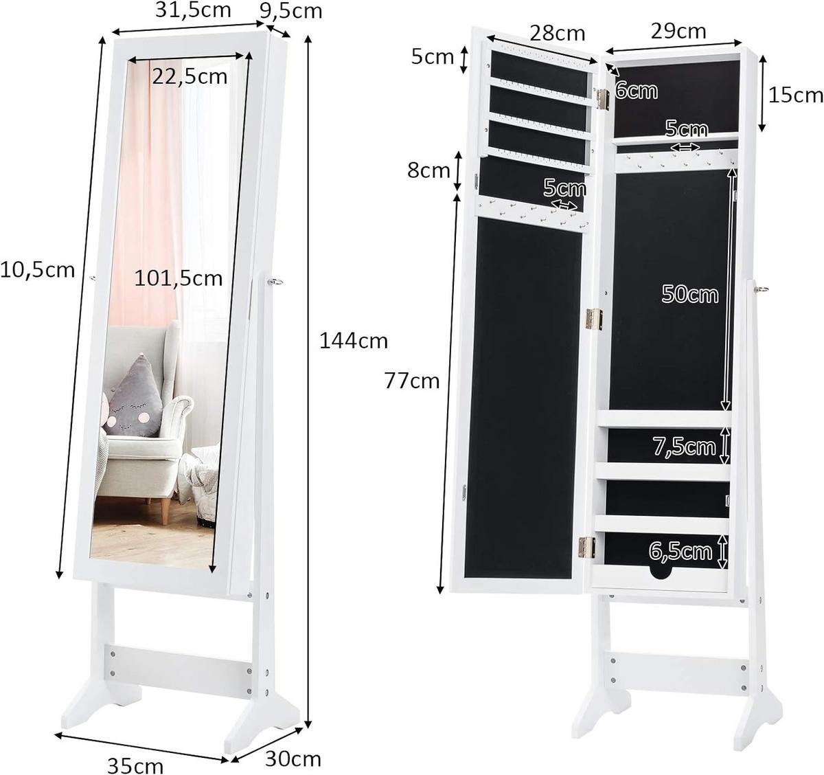 SCHMUCKSCHRANK 144cm Weiß - Weiß, Holz (35/144/30cm) - COSTWAY
