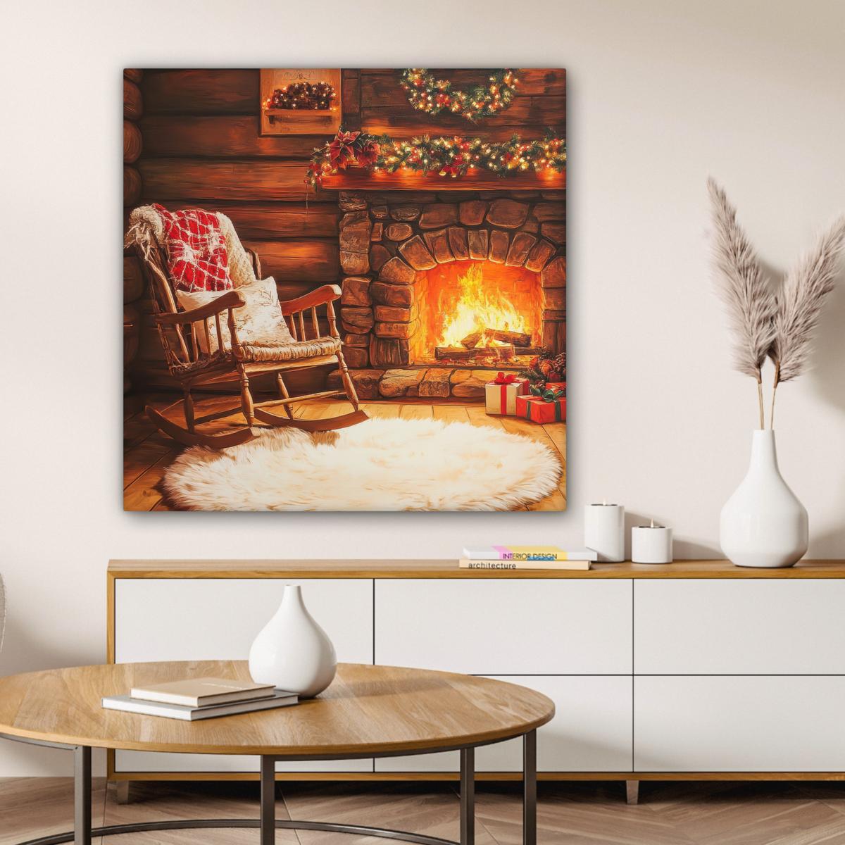 LEINWANDBILD Winter - Weihnachten - Zuhause - Kamin Deko Groß 90x90 cm - Bernsteinfarben, Textil (90/90cm) - MuchoWow