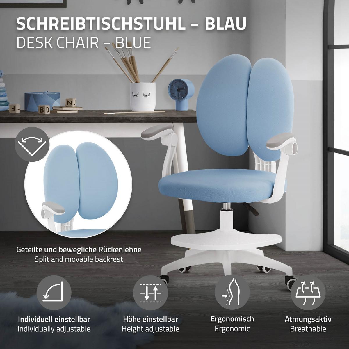 KINDERSCHREIBTISCHSTUHL Blau 95-107 cm aus Polyester - Blau/Weiß, Kunststoff/Textil (53/107/53cm) - ML-DESIGN