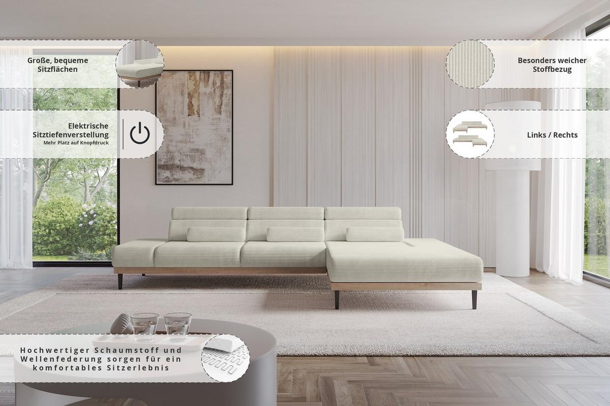 ELEKTRISCHES ECKSOFA Rechts MONA 316x205x85 Creme Cord - Ecru/Creme, Holzwerkstoff/Textil (316/205cm) - ALTDECOR