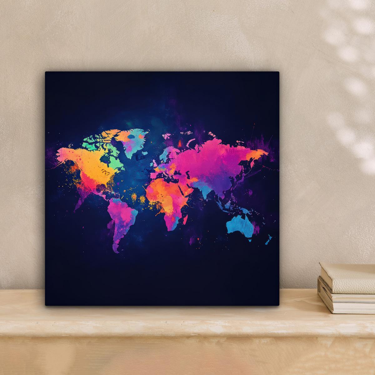 LEINWANDBILD Weltkarte - Bunt - Graffiti Deko Wohnzimmer 20x20 cm - Multicolor, Textil (20/20cm) - MuchoWow