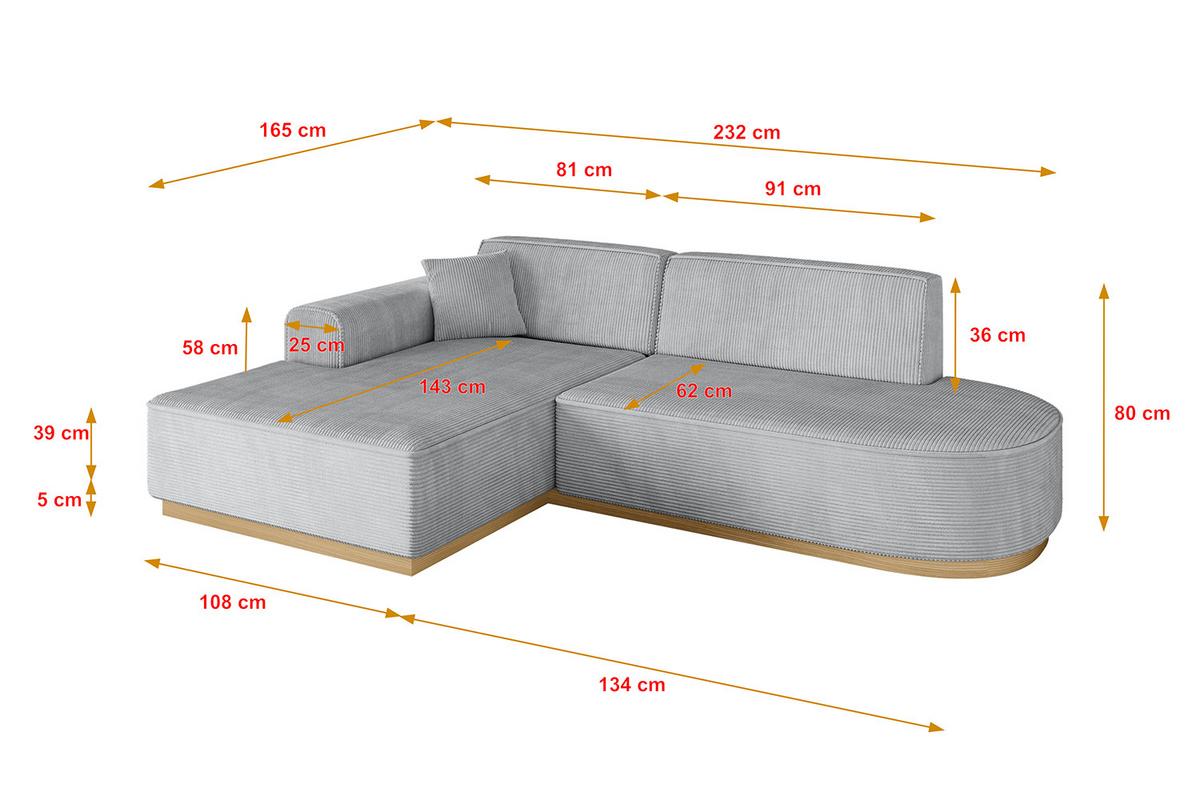 ECKSOFA Ottomane Links IREA-L1-v2 - 232x165x80 cm Grau - Grau, Holzwerkstoff/Textil (232/165cm) - ALTDECOR