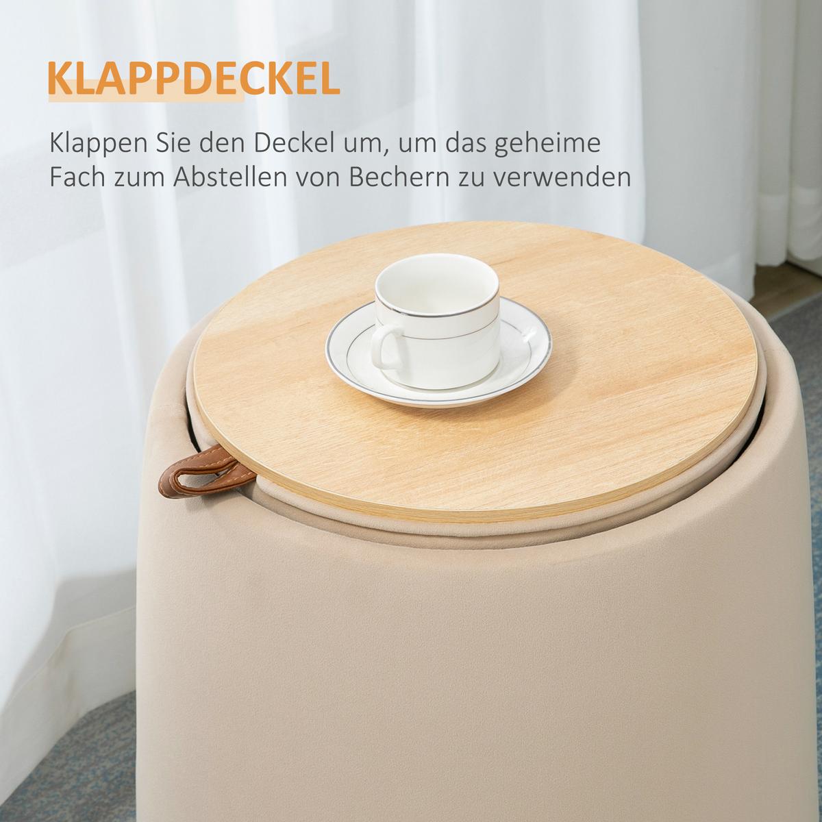 2-IN-1 Ottomane Sitzhocker inklusive Stauraum, abnehmbaren Deckel in Samtoptik - Beige/Braun, Holz/Kunststoff (44/47.5/44cm) - HOMCOM