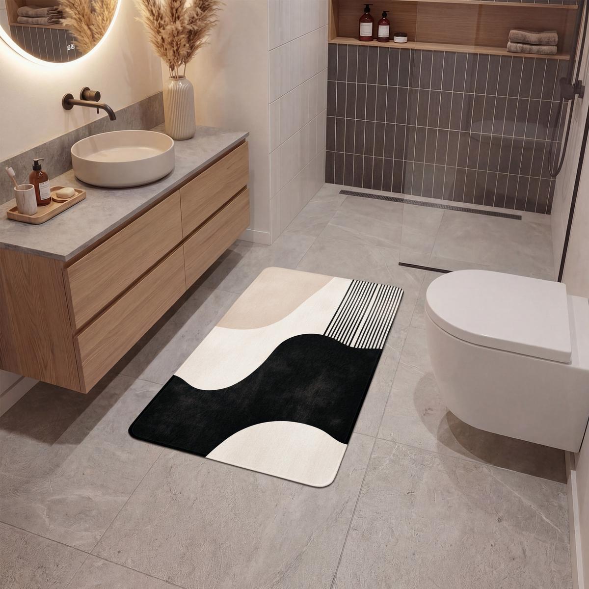 BADEMATTE Abstrakt - Japandi - Beige - Modern Rutschfest 60x90 cm - Beige/Schwarz, Textil (60/90cm) - OnlyWow