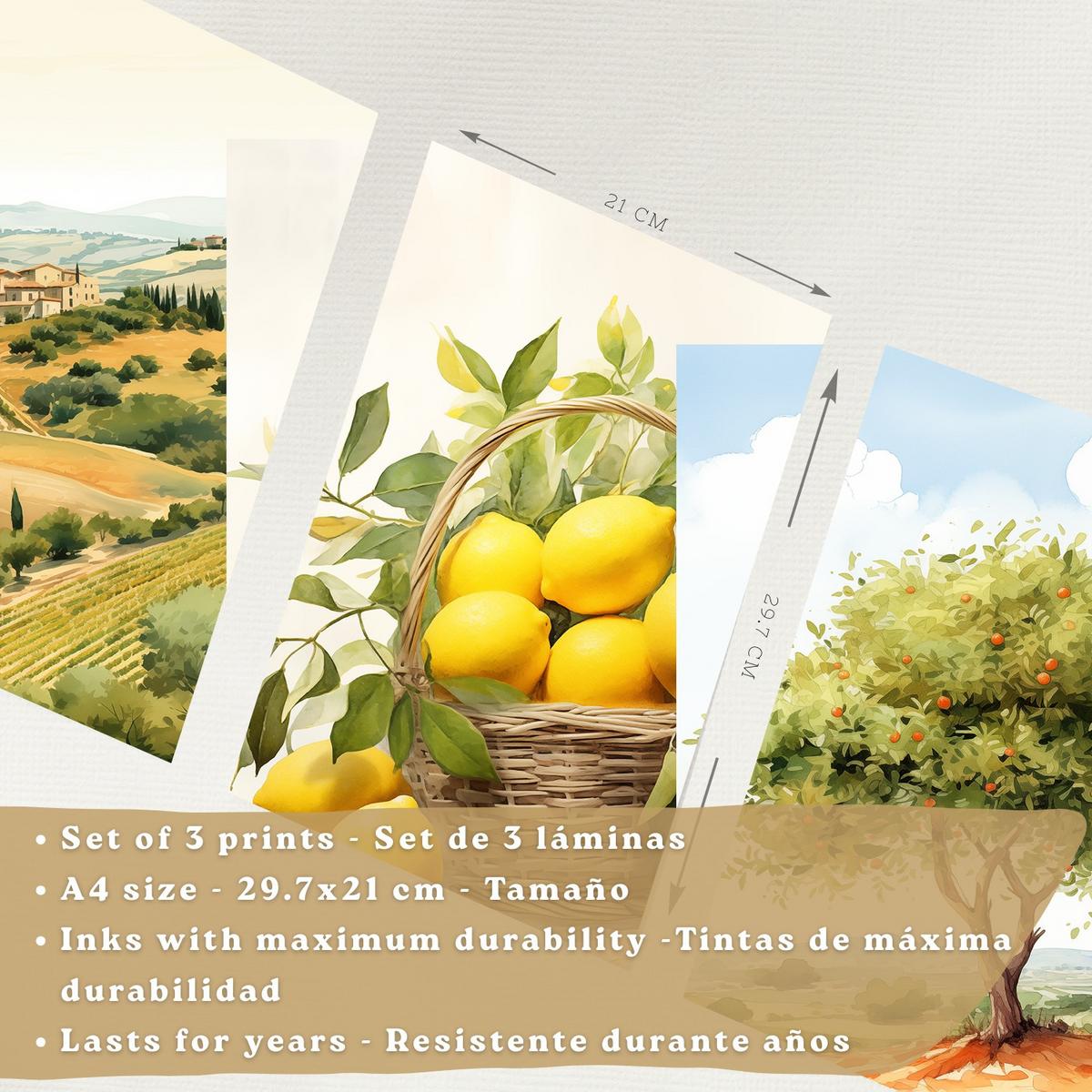 POSTER 3er Bilder-Set Wandbilder Landhaus Dorf Landschaft modern Wohnzimmer Deko, Schlafzimmer, Küche, Badezimmer Leichter Holzrahmen A4 - Beige, Papier (29.7/1/21cm) - Nacnic