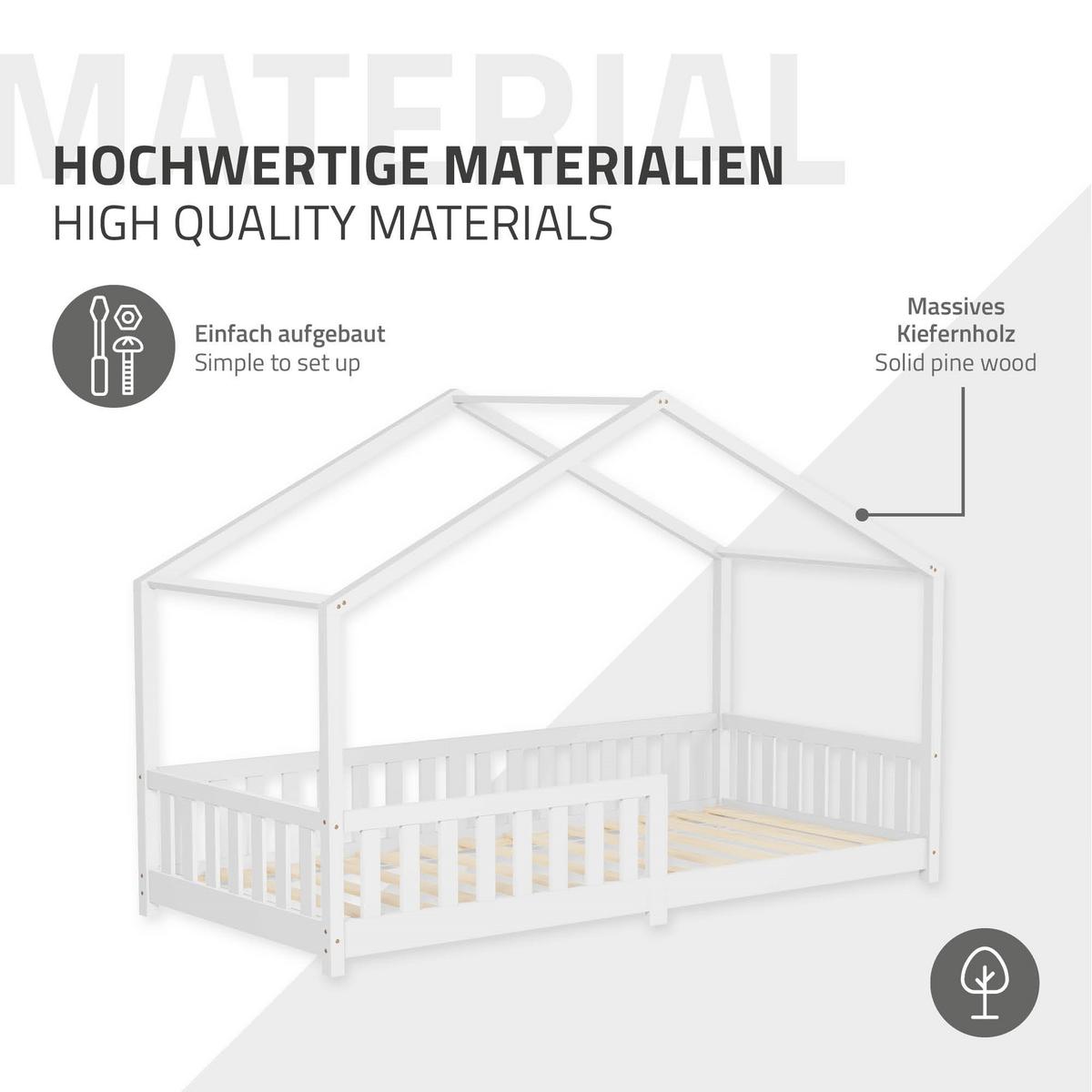 HAUSBETT 90x200 cm Weiß aus Kiefernholz mit Rausfallschutz - Weiß, Holz (90/200cm) - ML-DESIGN