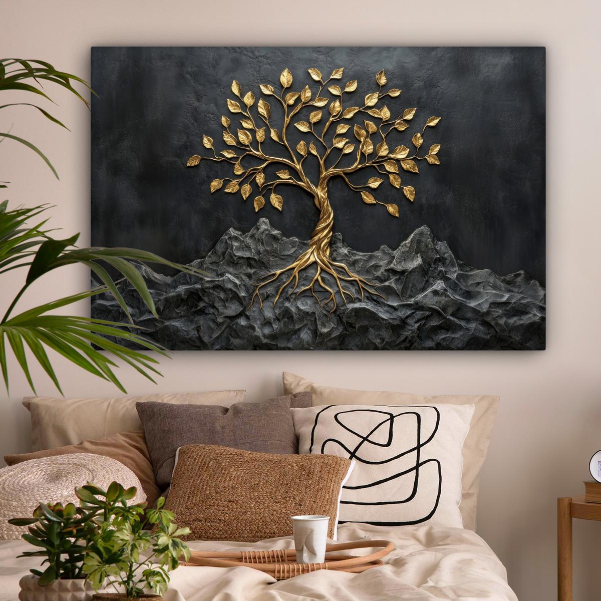 LEINWANDBILD Blätter - Gold - Baum - Fels Groß 140x90 cm - Schwarz, Textil (140/90cm) - MuchoWow