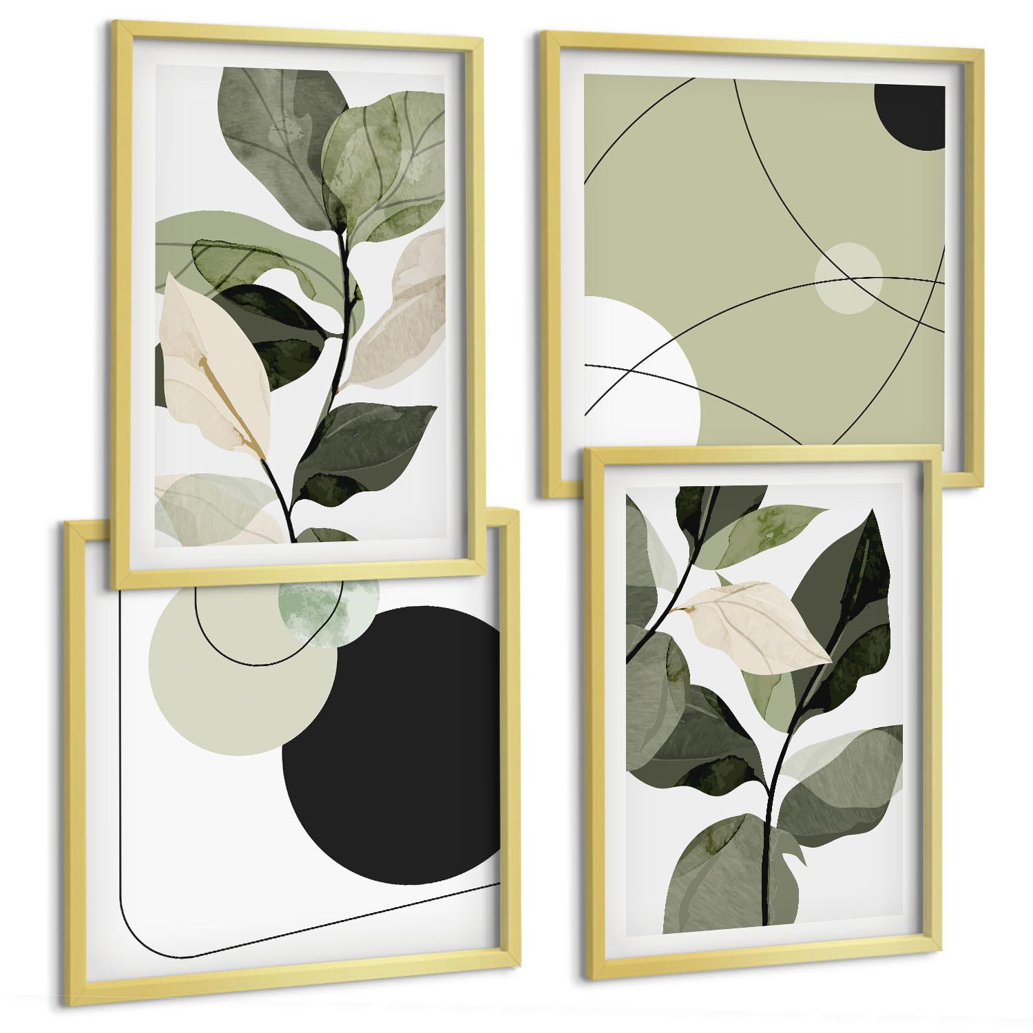 BILDER SET 4er Set - 50x50 cm & 40x60 cm Goldrahmen - Abstrakte Darstellung gemalter Blätter - Goldfarben, Kunststoff (50/50cm) - TULUP