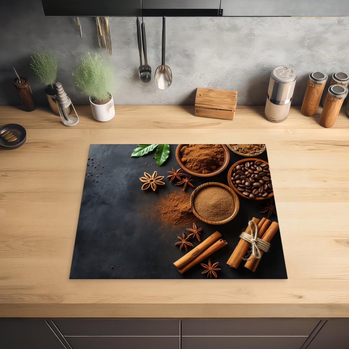 HERDABDECKPLATTE Zimt - Beton - Kaffee - Zimtstangen - Gewürze Abdeckung Ceranfeld 57.6x51.6 cm - Mokka, Kunststoff (57.6/51.6/0.2cm) - MuchoWow