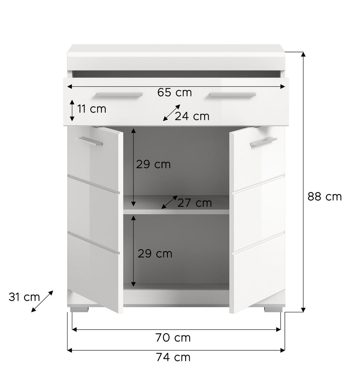 BADKOMMODE weiß Hochglanz 74 x 88 cm, Badschrank 2-türig mit Vollauszug Schubkasten - Weiß Hochglanz/Silberfarben, Holzwerkstoff/Kunststoff (74/88/31cm) - Inn.Furn