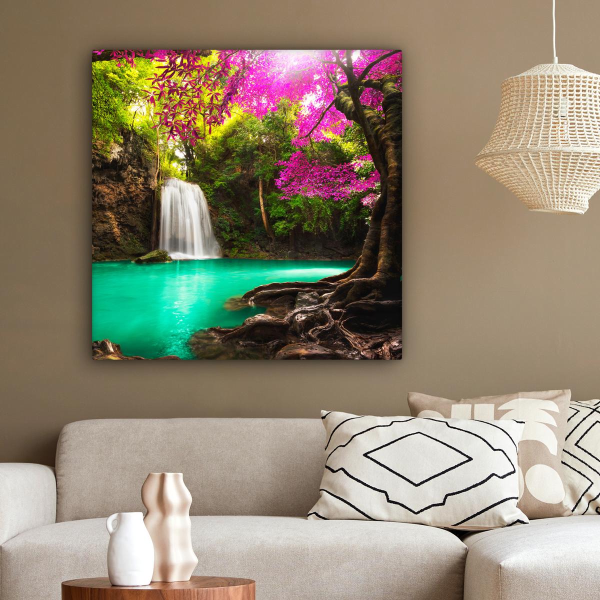 LEINWANDBILD Wasserfall mit bunten Blumen und Bäumen - Natur - Dschungel Deko Groß 90x90 cm - Waldgrün, Textil (90/90cm) - MuchoWow