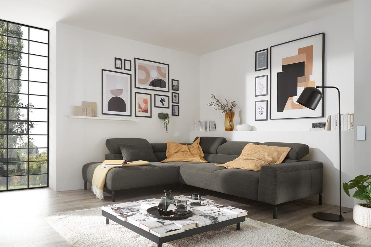 ECKSOFA MIT MOTORISCHEM SITZVORZUG DELIA Anthrazit Cord Relaxfunktion - Anthrazit/Schwarz, Textil/Metall (276/219cm) - KAWOLA