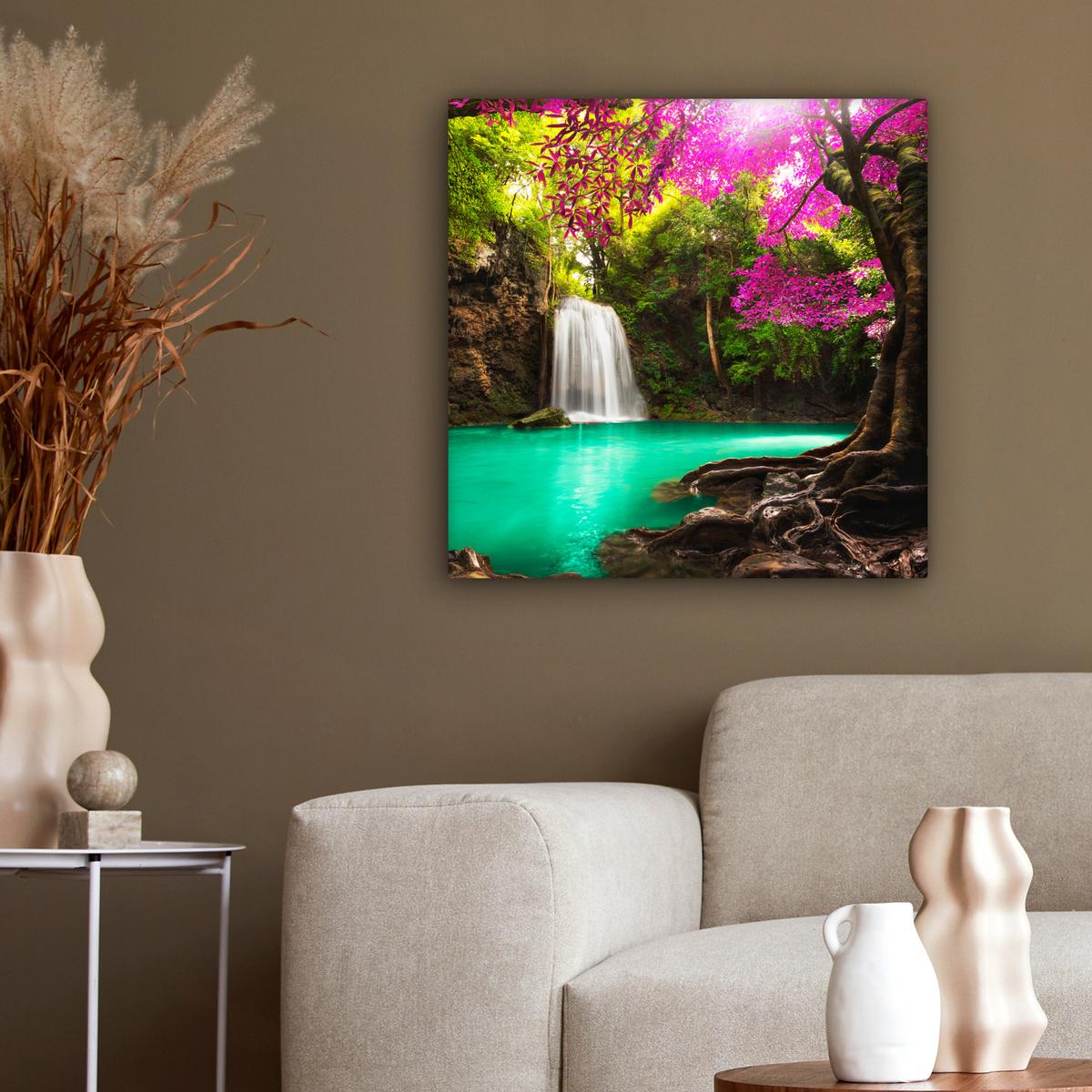 LEINWANDBILD Wasserfall mit bunten Blumen und Bäumen - Natur - Dschungel Wandbild Wohnzimmer 50x50 cm - Waldgrün, Textil (50/50cm) - MuchoWow