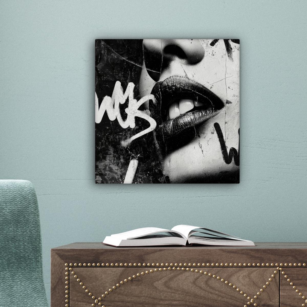 LEINWANDBILD Gesicht - Mund - Graffiti - Schwarz Deko Wohnzimmer 20x20 cm - Schwarz, Textil (20/20cm) - MuchoWow