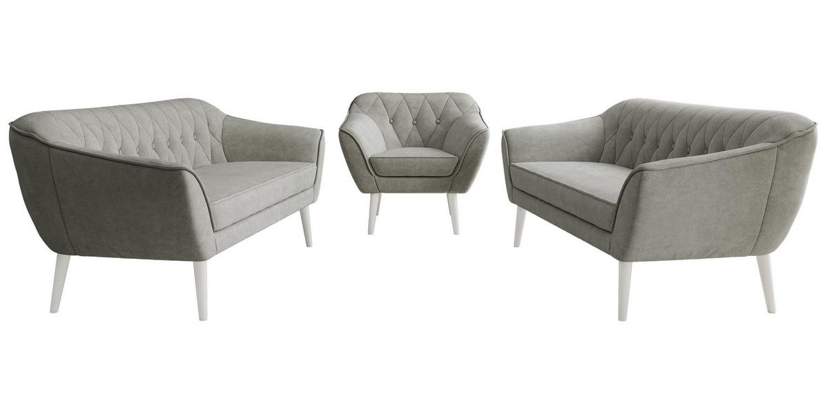 SITZGARNITUR PIRS 3+3+1 - Grau Strukture - Weiße Beine - Platinfarben/Weiß, Holzwerkstoff/Textil (180/75/74cm) - MKS