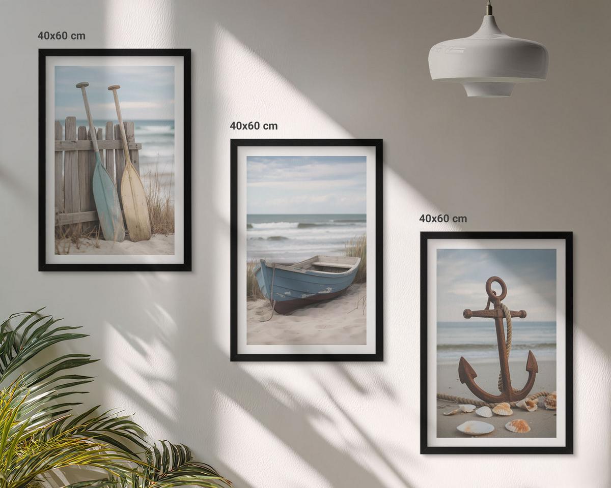 BILDER SET 3er Set - 40x60 cm Schwarzer Rahmen - Strandbootanker Sand - Schwarz, Kunststoff (40/60cm) - TULUP