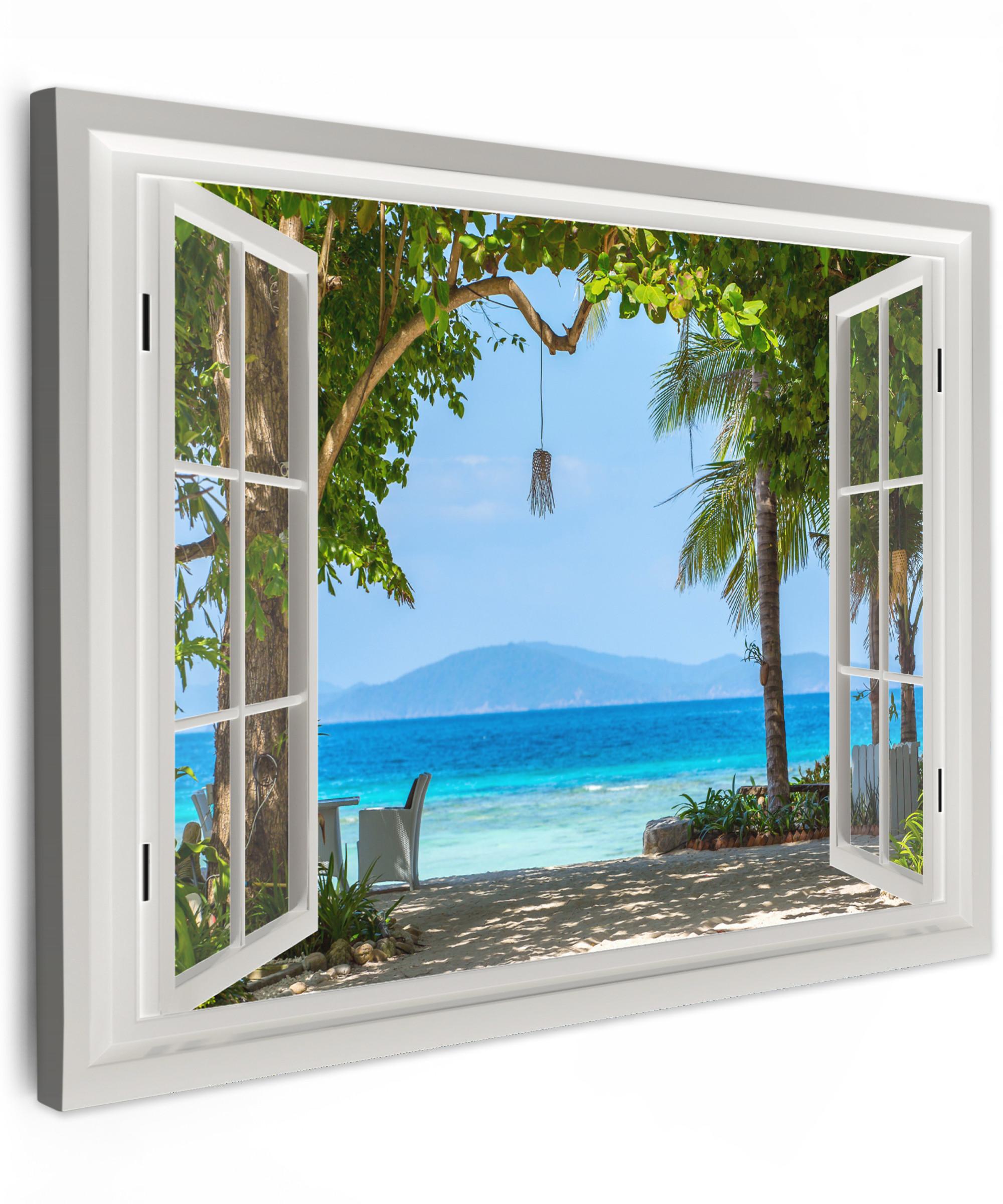 LEINWANDBILD Aussicht - Baum - Meer - Palme - Hügel - Strand - Blau Wandbild 40x30 cm - Blau, Textil (40/30cm) - MuchoWow