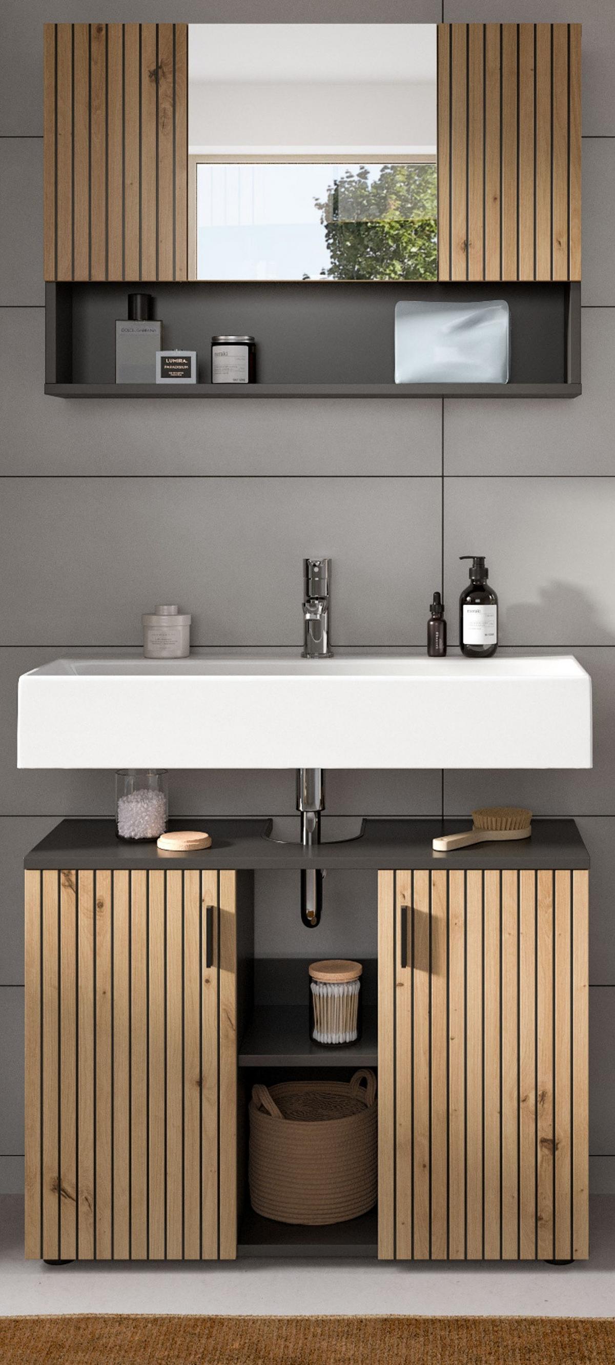 BADMÖBEL-SET Eiche Artisan, grau 2-teilig 80 cm, Badkombination mit Rillen-Optik - Schwarz/Eiche Artisan, Glas/Holzwerkstoff (80/180/30cm) - Inn.Furn