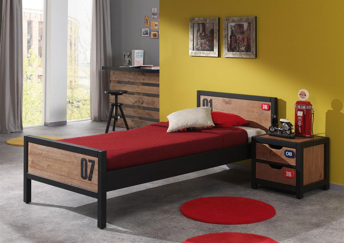 BETT mit Nachtkommode Kameko aus MDF+Massivholz Schwarz/Cognac - Cognac, Holzwerkstoff (90/200cm) - 58aufmkessel