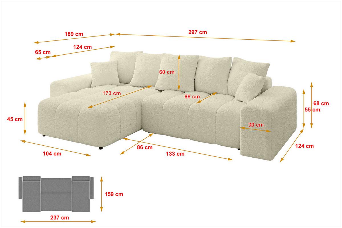 ECKSOFA Ottomane links ENIL-L 297x189x68 Beige Bouclé - Hellbraun/Creme, Holzwerkstoff/Kunststoff (297/189cm) - ALTDECOR