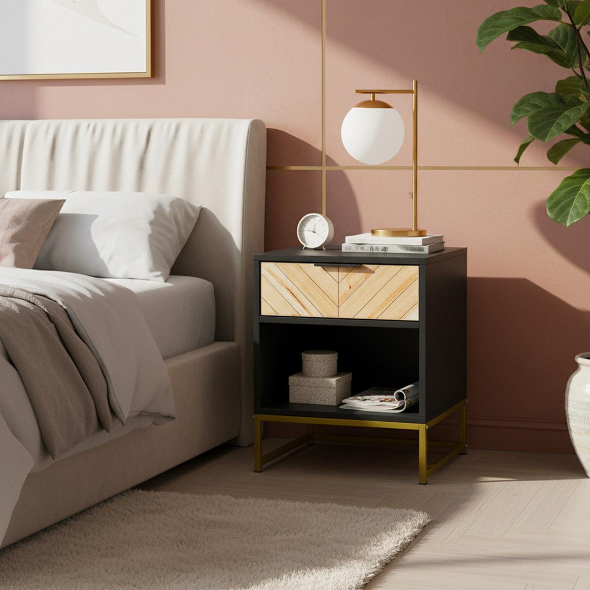 NACHTTISCH 43 cm Schwarz & Natur – Nachtkonsole mit Schublade & Metallbeinen Industrial - Naturfarben, Holzwerkstoff (43/55/40cm) - Urban Meuble