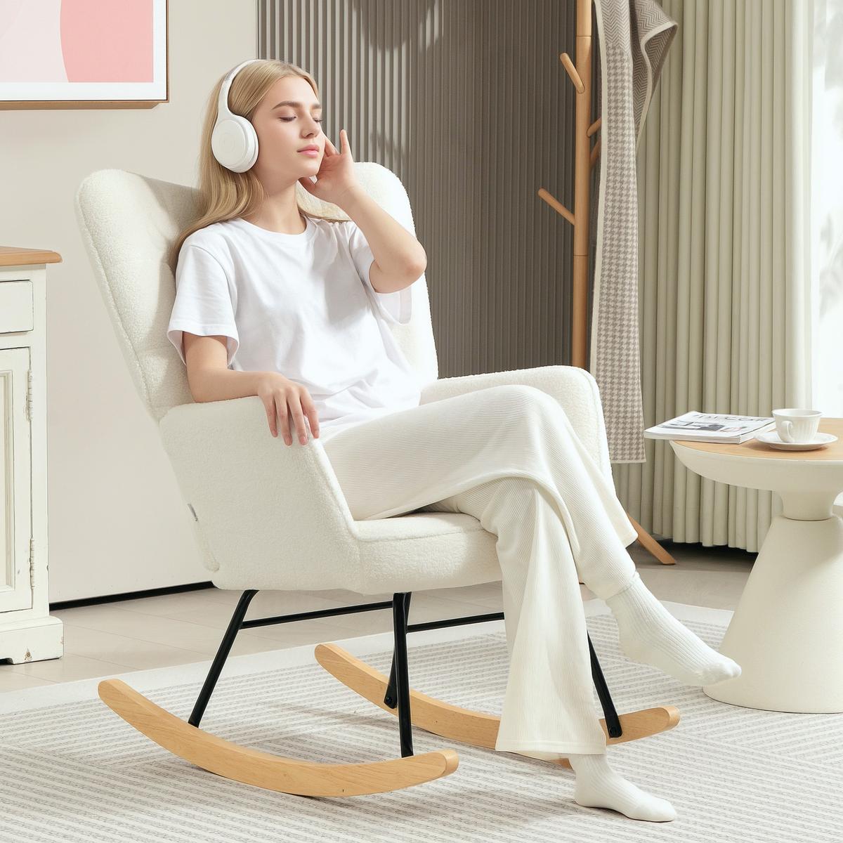 SCHAUKELSTUHL Sessel Relaxsessel bis 120 kg, Polyester, Weiß 98x71x101cm - Buchefarben/Weiß, Buchenholz/Textil (98/101/71cm) - HOMCOM