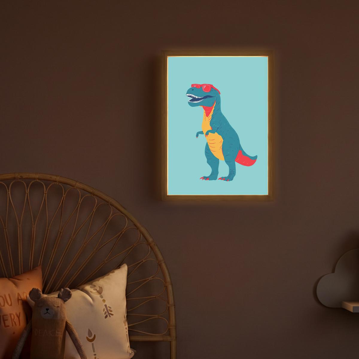 WANDLEUCHTE MIT AKKU Dinosaurier - Blau - Sonnenbrille 30x40 cm - Hellblau, Holzwerkstoff (30/40/8cm) - OnlyWow