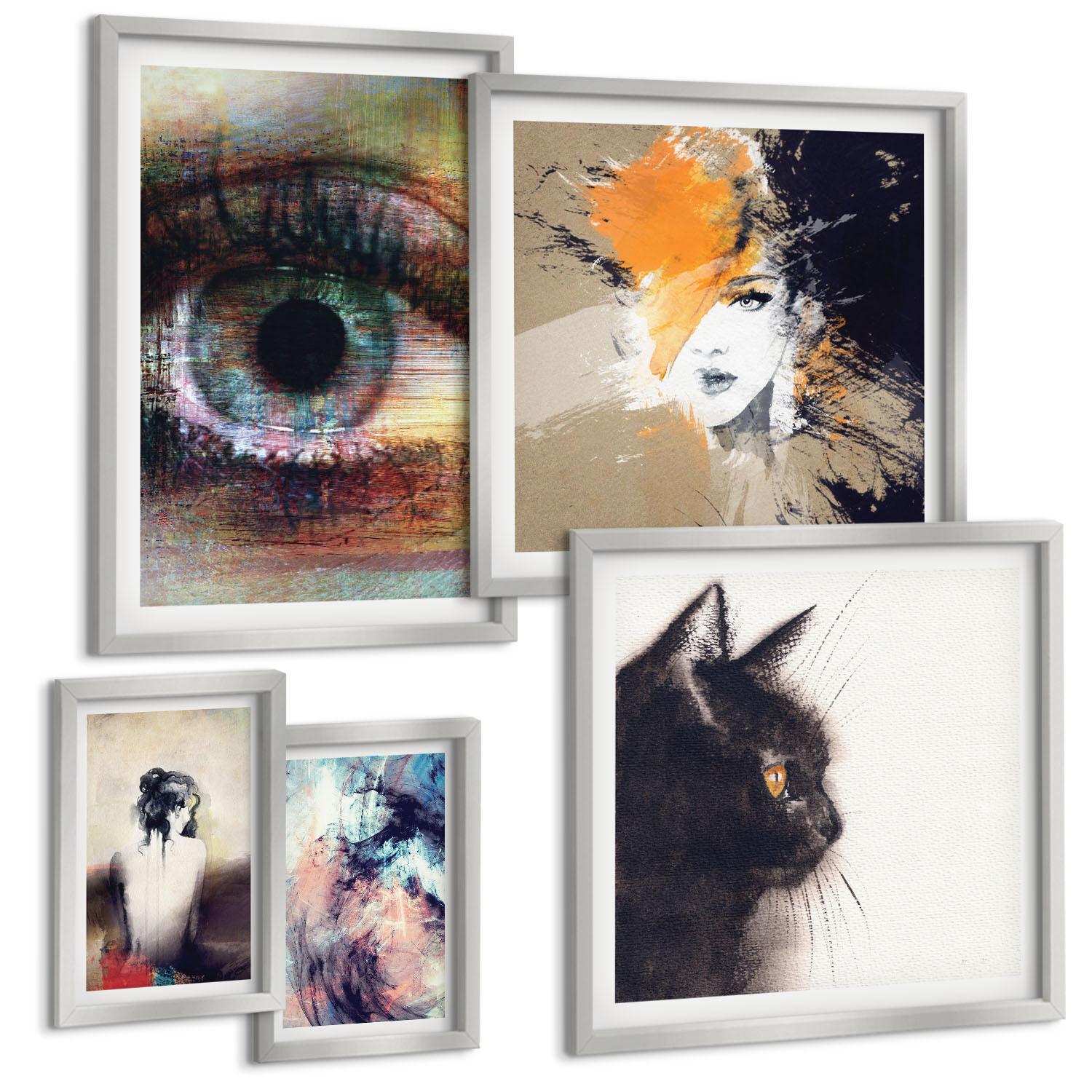 BILDER SET 5er Set - 50x50 cm & 20x30 cm & 40x60 cm Silberner Rahmen - Gelbgrau-braune Wellen - Silberfarben, Kunststoff (40/60cm) - TULUP