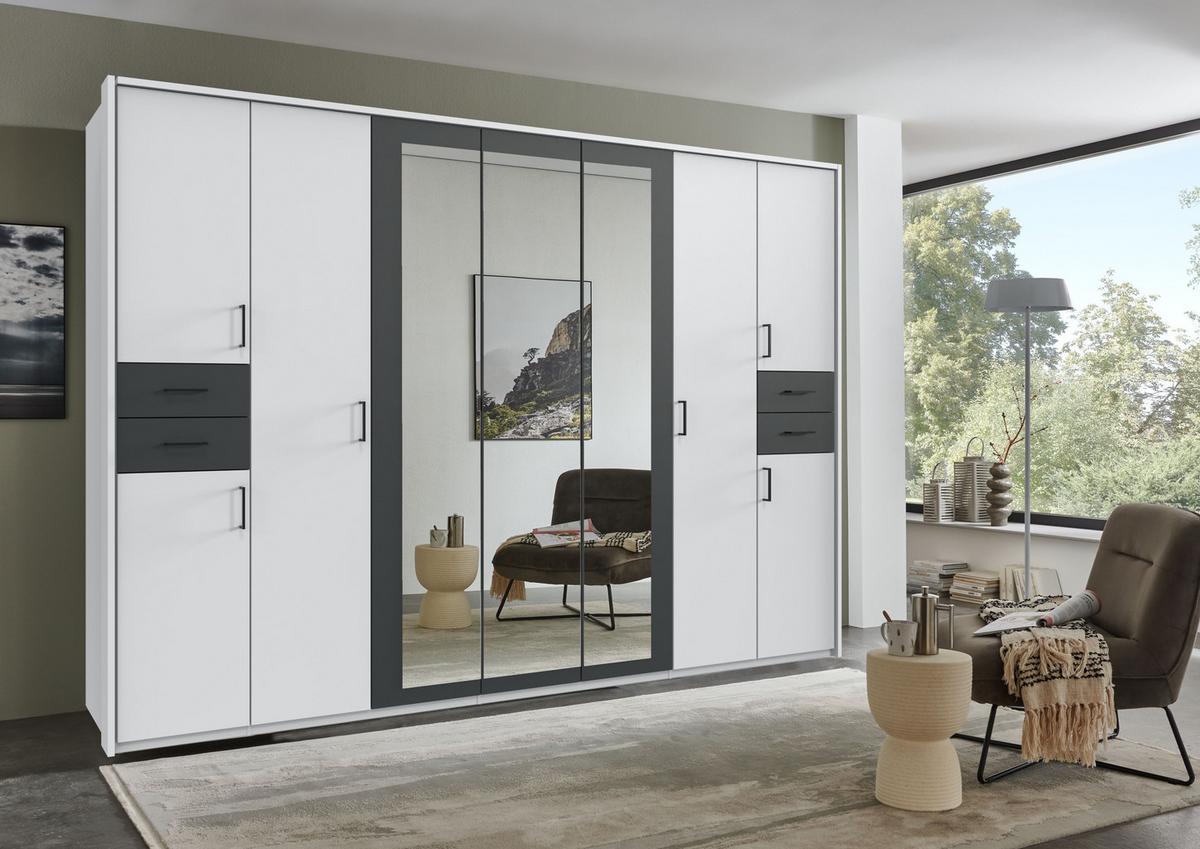 DREHTÜRENSCHRANK B313/H210/T58 cm, Weiß mit Absetzungen in Grafit, Kleiderschrank mit Passepartout&3Spiegeltüren&Schubkästen, Griffe schwarz / 22584 - Graphitfarben/Schwarz, Holzwerkstoff/Kunststoff (313/210/58cm) - luma-home