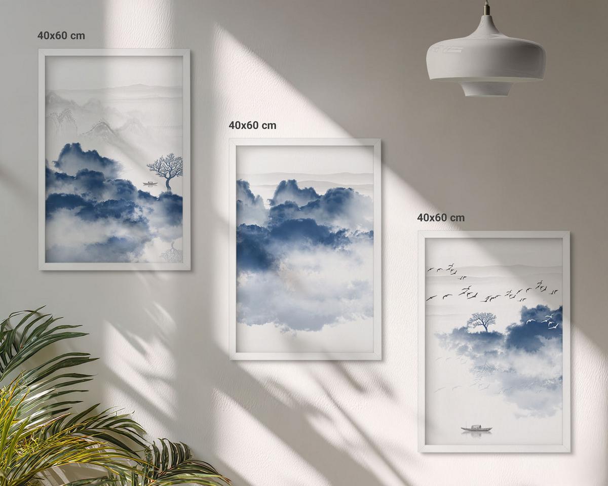 BILDER SET 3er Set - 40x60 cm Weißer Rahmen - Berge, Wolken, Bäume, Vögel - Weiß, Kunststoff (40/60cm) - TULUP