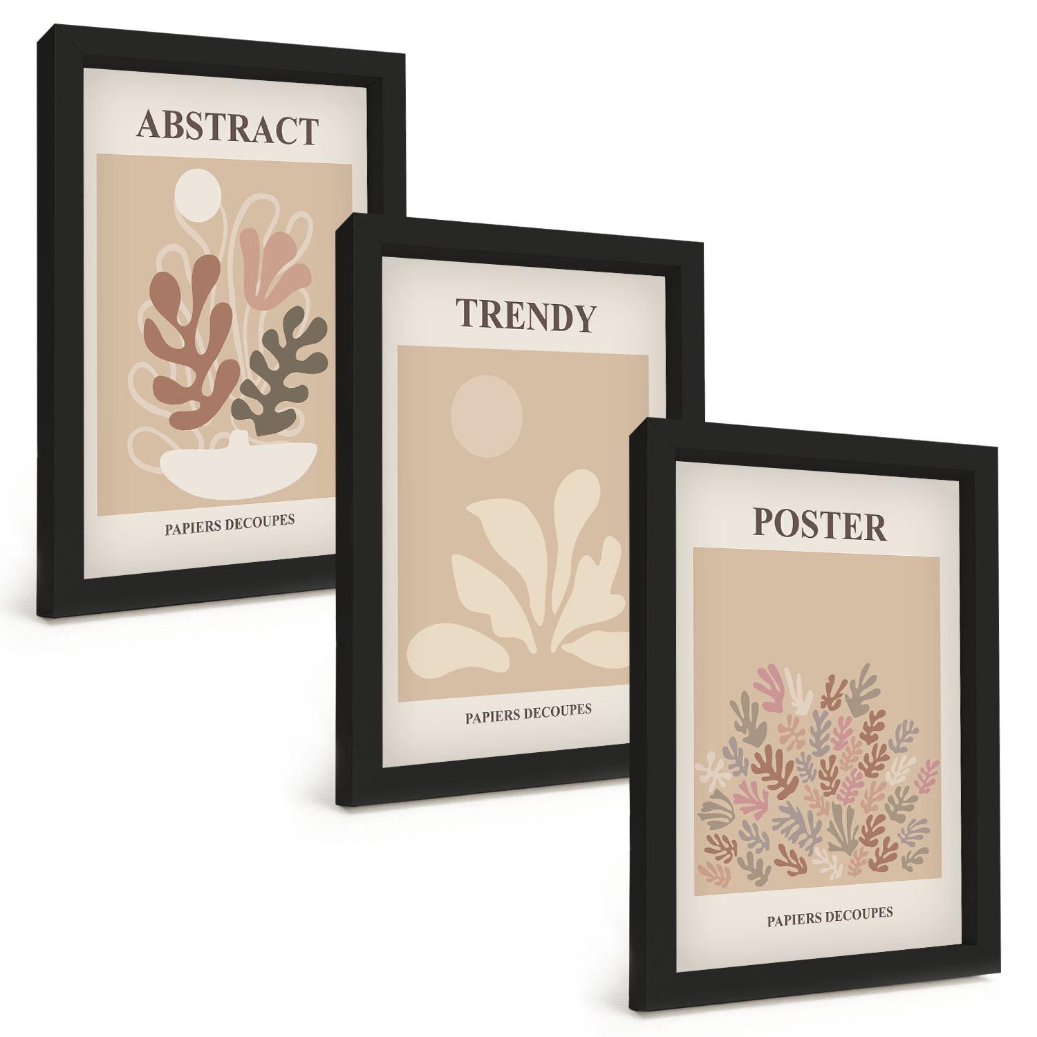 BILDER SET 3er Set - 20x30 cm Schwarzer Rahmen - Pflanzenmotive beige braun - Schwarz, Kunststoff (20/30cm) - TULUP