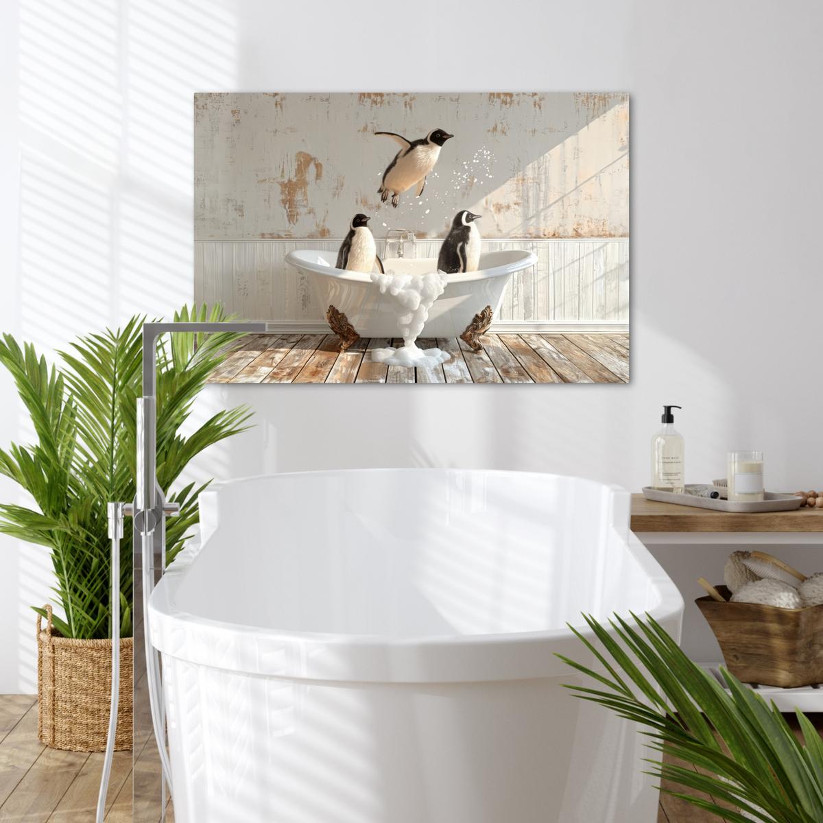 LEINWANDBILD Vintage - Pinguin - Badewanne - Schaumstoff Wanddeko 90x60 cm - Schwarz, Textil (90/60cm) - MuchoWow