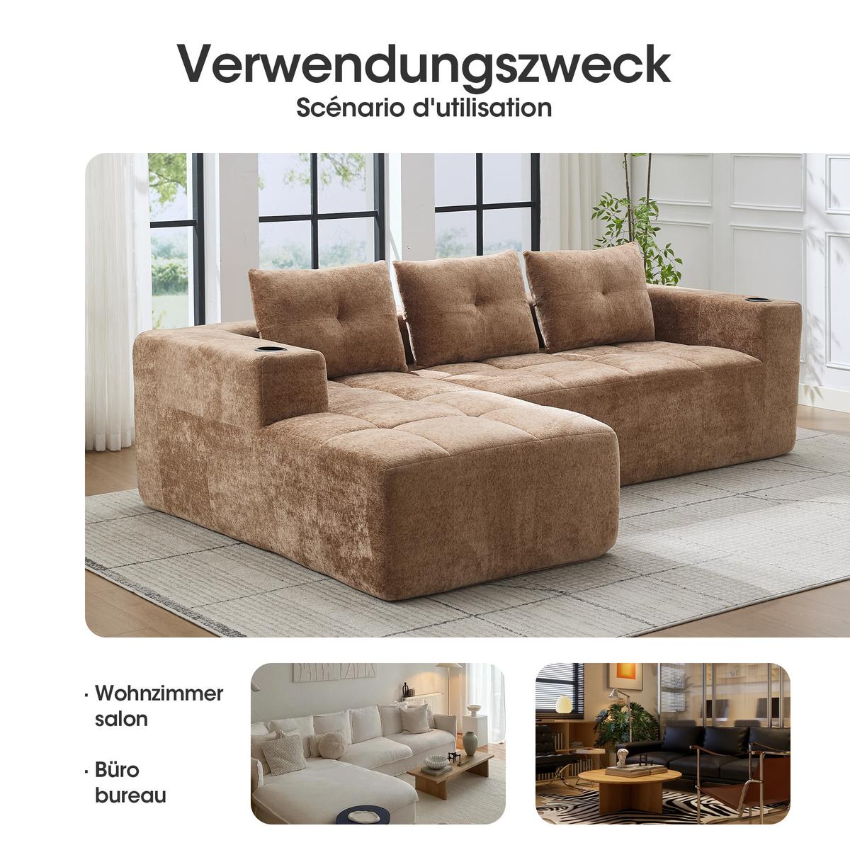 ECKSOFA chenille L-form mit getränkehaltern & 3 kissen - Braun, Textil (258/163cm) - Urban Meuble