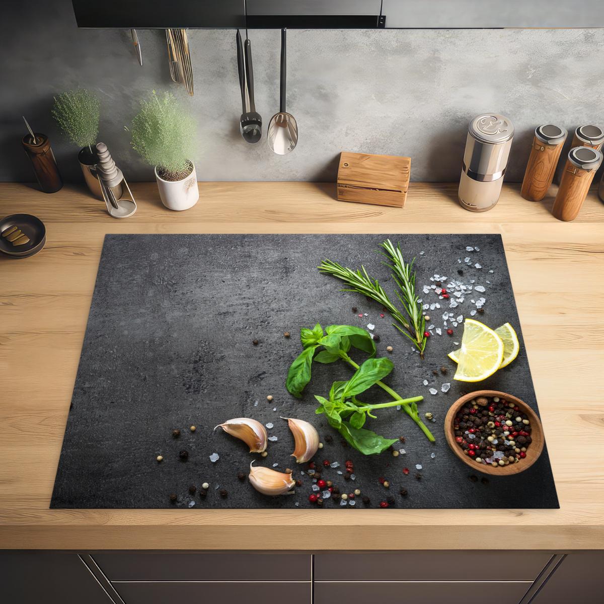 HERDABDECKPLATTE Limette - Kräuter - Gewürze - Grün - Grau - Beton Induktionsmatte 77x59 cm - Grün, Kunststoff (77/59/0.2cm) - MuchoWow