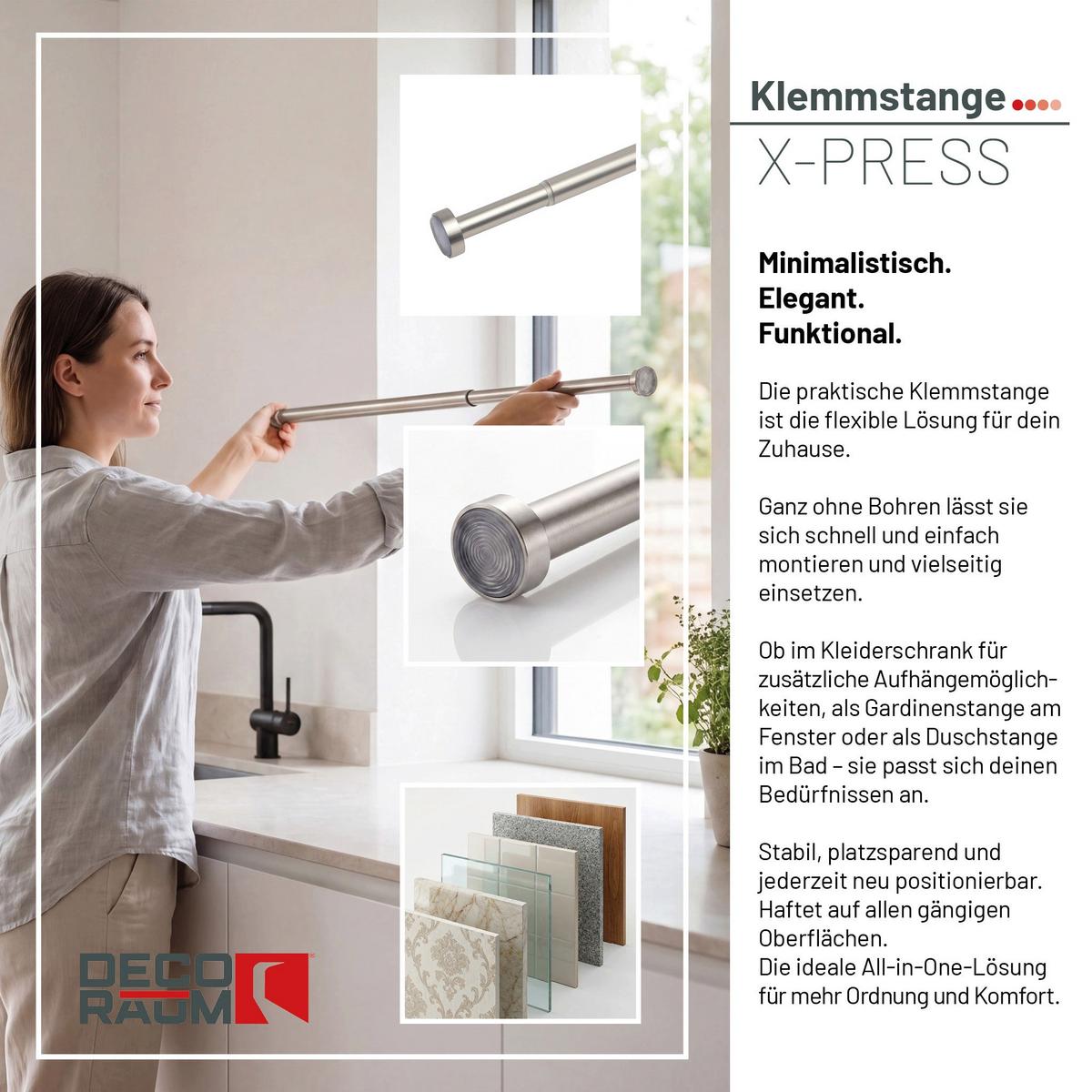 DUSCHVORHANGSTANGE ohne Bohren ausdrehbare Teleskop-Klemmstange aus Metall 125-220cm - Silberfarben, Metall (125cm) - Deco-Raum