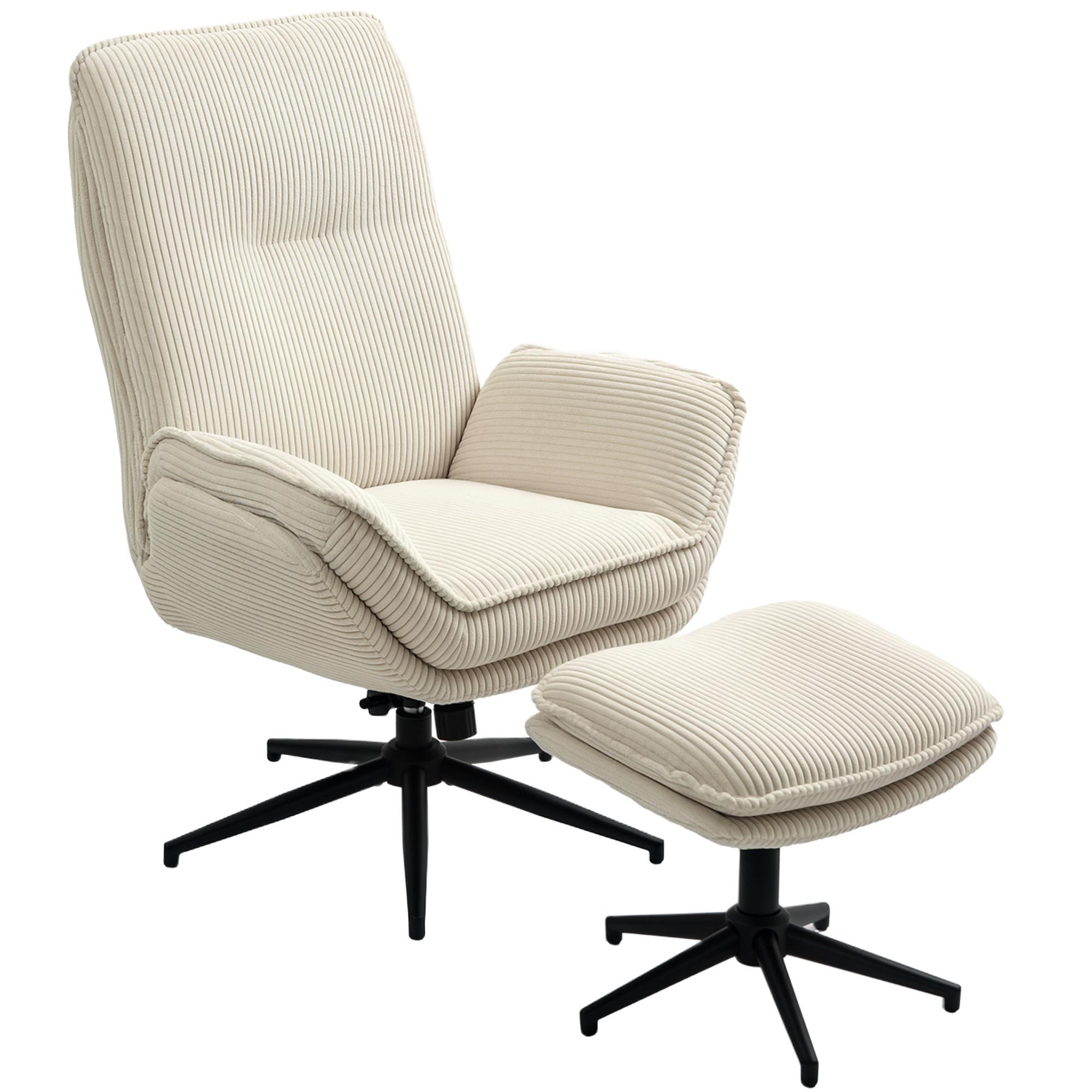 RELAXSESSEL mit Hocker 360°Drehbarer Fernsehsessel mit Liegefunktion, Cord Beige - Beige/Schwarz, Textil/Metall (72/107/83cm) - HOMCOM