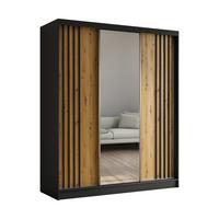 SCHWEBETÜRENSCHRANK NELVIA 180/216/61 cm 3-türig mit Spiegel Schwarz - Schwarz/Eiche Artisan, Holzwerkstoff (180/216/61cm) - MASSENO