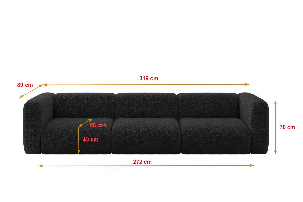 MODULARES Sofa 3-SITZER MIRA-S2 319x89x70 Schwarz cm Velours - Schwarz, Holzwerkstoff/Kunststoff (319/70/89cm) - ALTDECOR