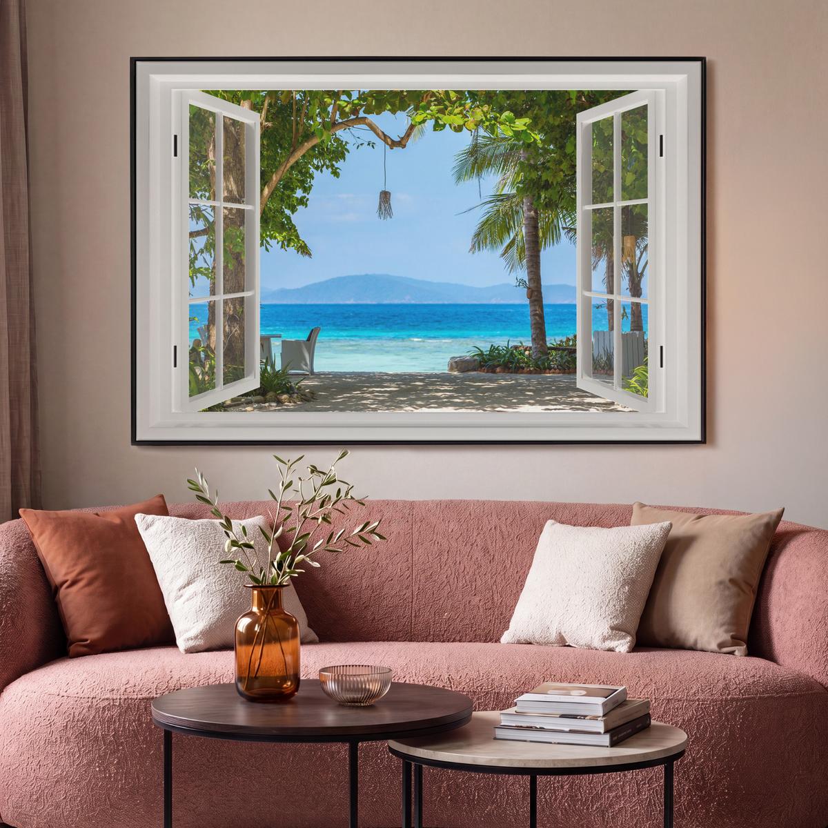 LEINWAND Bilder mit Rahmen - Aussicht - Baum - Meer - Palme - Hügel - Strand - Blau - 140x90 - Blau, Textil (140/90cm) - MuchoWow