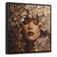 LEINWAND Bilder mit Rahmen - Gesicht - Dame - Blätter - Pinselstriche - 20x20 - Goldfarben, Textil (20/20cm) - MuchoWow