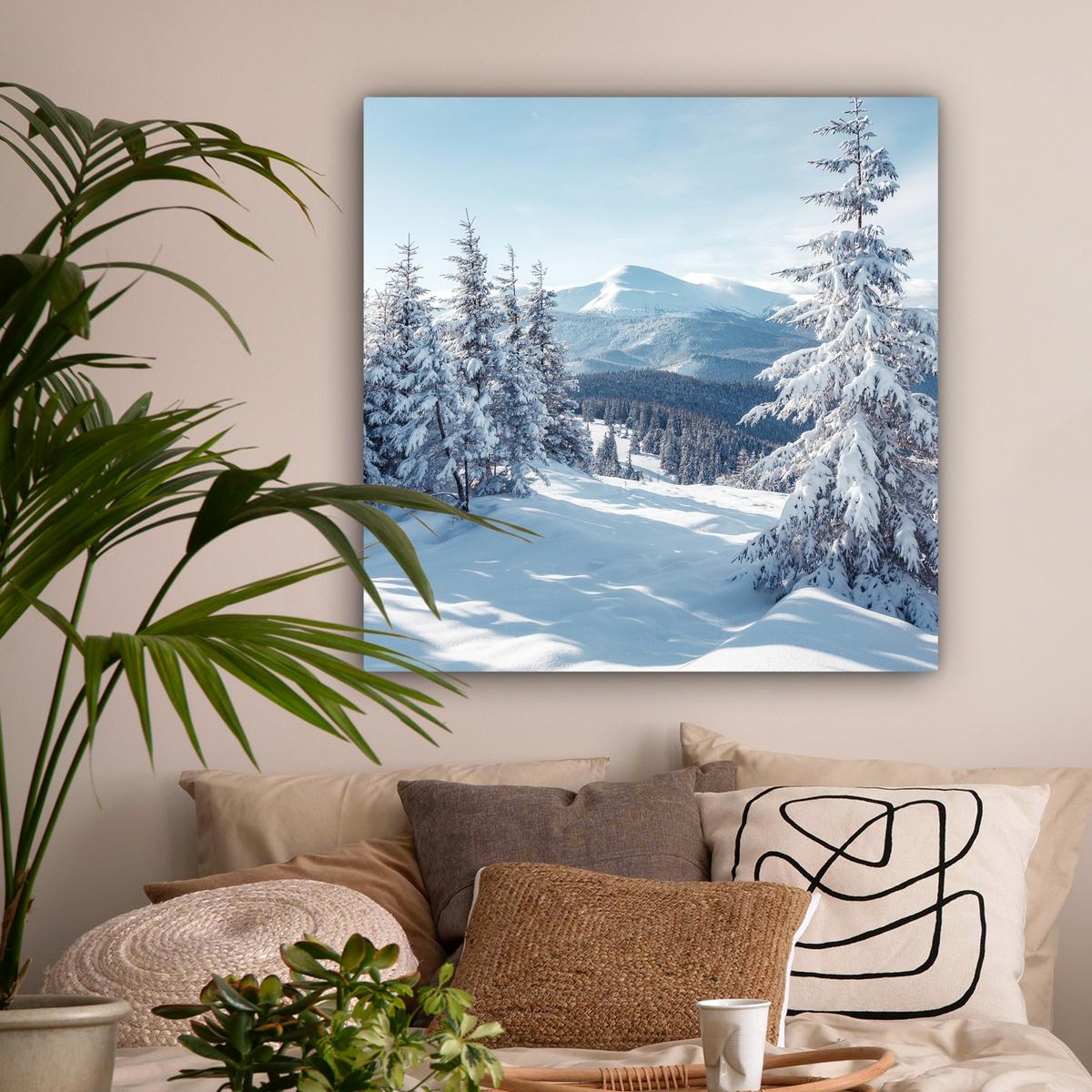 LEINWANDBILD Winterlandschaft - Natur - Berge - Bäume - Schnee Deko Groß 90x90 cm - Hellblau, Textil (90/90cm) - MuchoWow