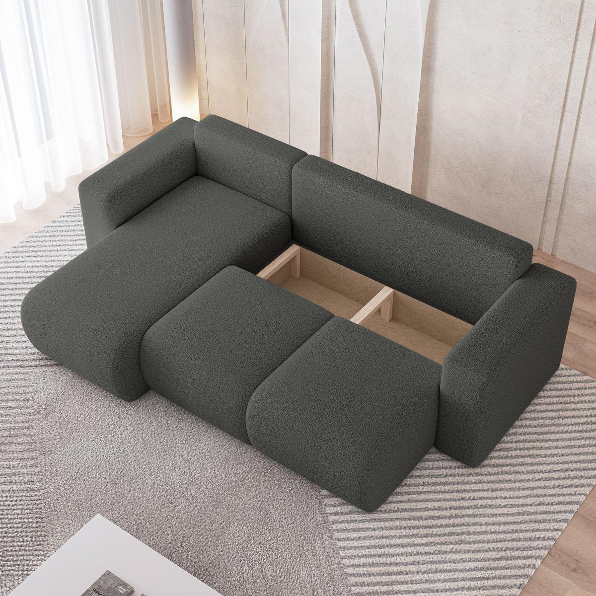 ECKSOFA RINOVA Grau Boucle-Stoff mit Schlaffunktion - Grau, Holz (250/143cm) - MASSENO