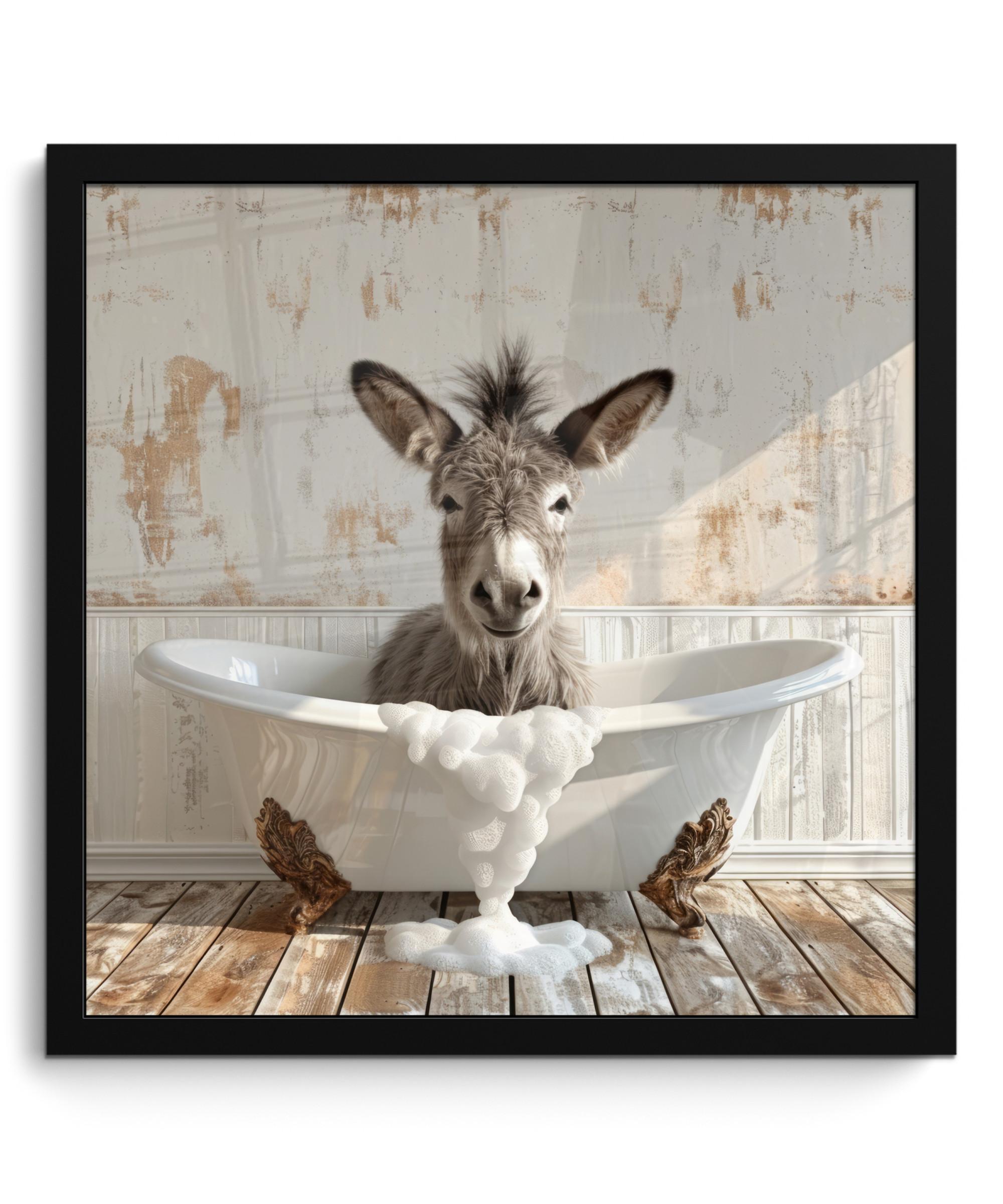 POSTER MIT RAHMEN Esel - Tiere - Badewanne - Schaumstoff 40x40 cm - Weiß, Papier (40/40cm) - MuchoWow