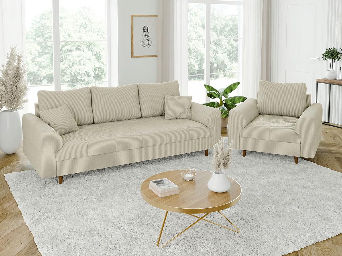 3-SITZER-SOFA Alma Beige Cord - Beige/Braun, Holz/Textil (210/81/93cm) - S-Style Möbel
