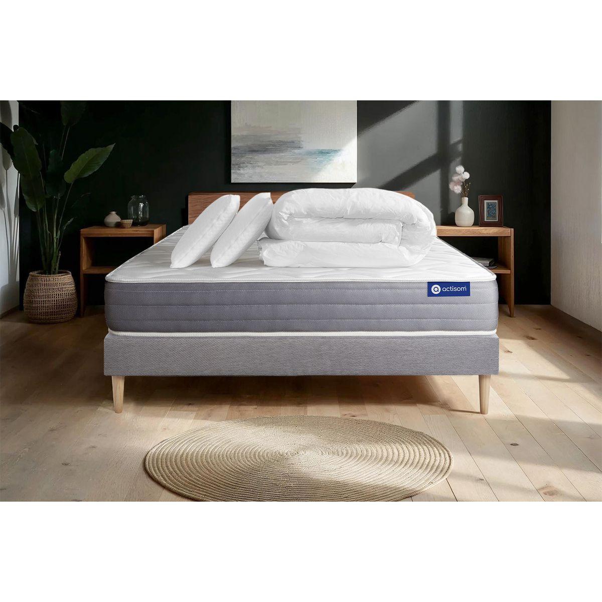 BETT Actiflex dream Taschenfederkern und Memory-Schaum 140 x 200 cm h1 - Kit Bettgestell Grau - Mit Kissen und Bettdecke - Beige/Grau, Karton/Holz (140/200cm) - ACTISOM