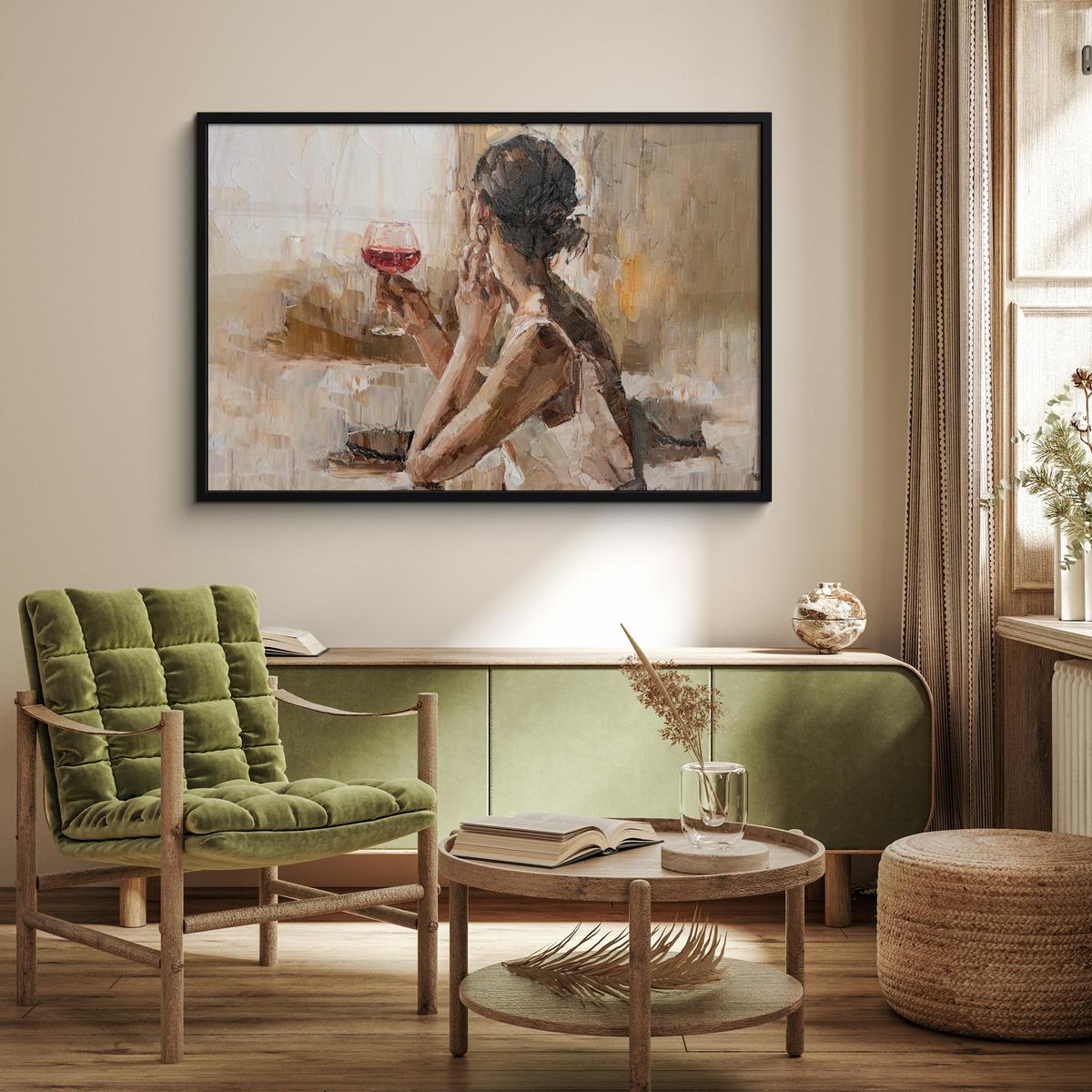 POSTER MIT RAHMENGERAHMTES BILD Ölgemälde - Frau - Wein 120x80 cm - Hellbraun, Papier (120/80cm) - MuchoWow